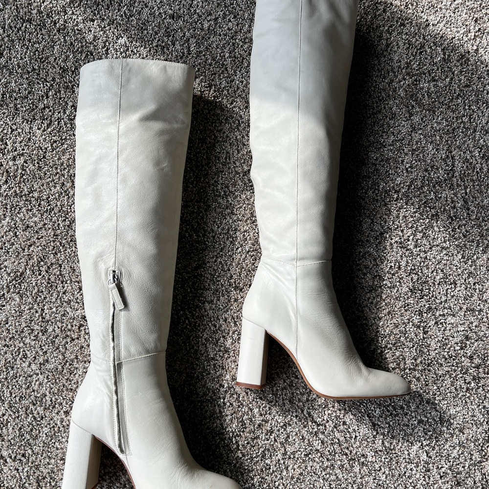 Zara Off White Knee High Heeled Leather Boots size 37